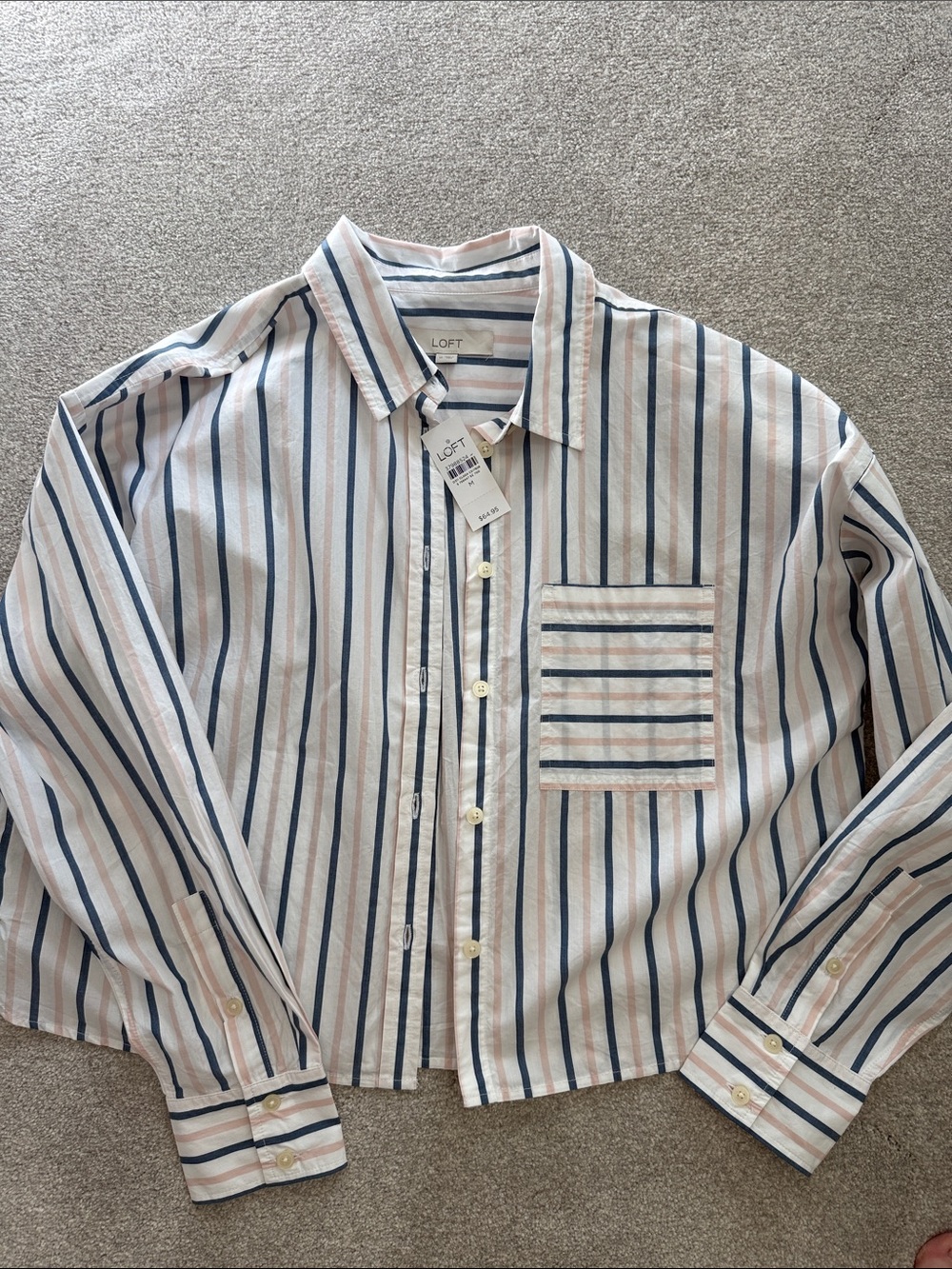 LOFT NWT Women's Striped Button-Down Shirt in White with Blue & Pink Stripes